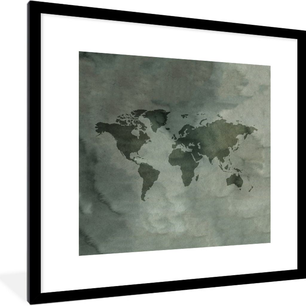 MuchoWow MuchoWow Gerahmtes Poster Weltkarte - Grau - Einfach 40x40 cm - Poster mit zchwarzem Bilderrahmen - Poster - Plakat im Rahmen