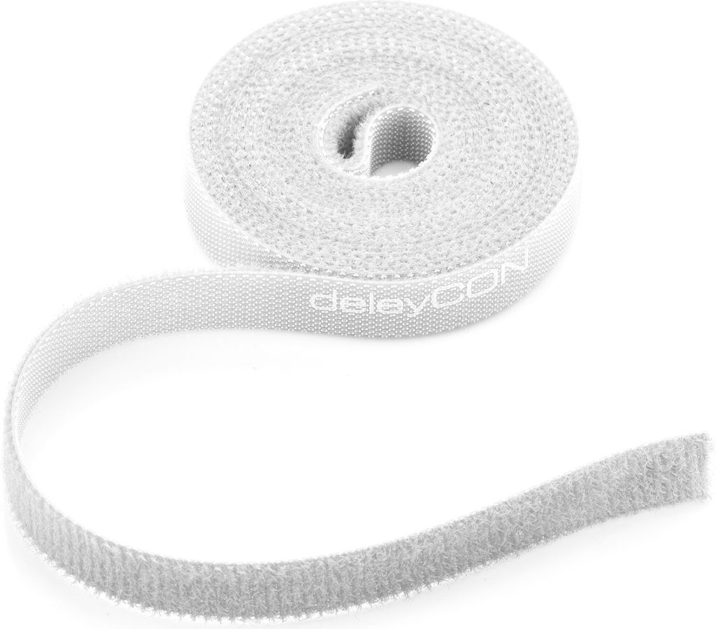 deleyCON 2m Klett Kabelbinder Klettband Klettbandrolle 10mm Breit Kabelmanagement Klettkabelbinder zuschneidbar Weiß
