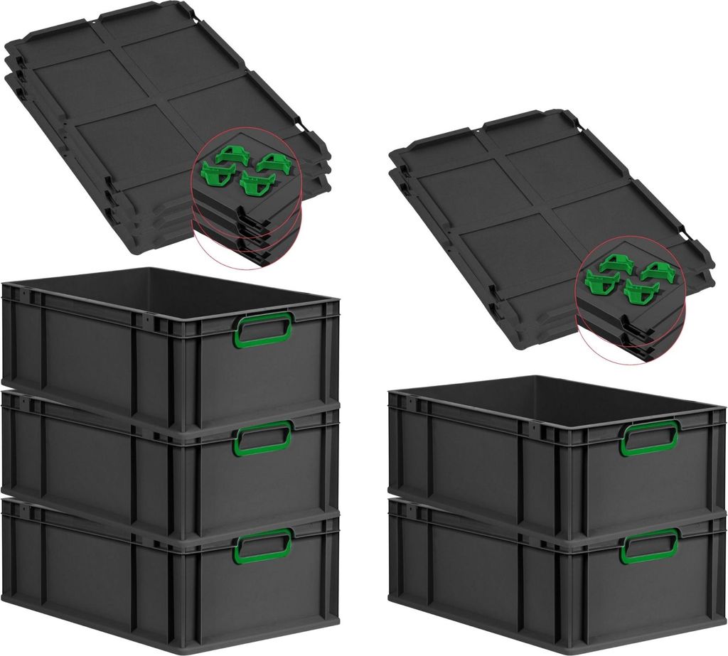 SparSet 5x Eurobox NextGen Color mit Auflagedeckel und Schiebeschnappverschlüsse | HxBxT 22x40x60cm | 44 Liter | Schwarz | Griffe grün geschlosse...