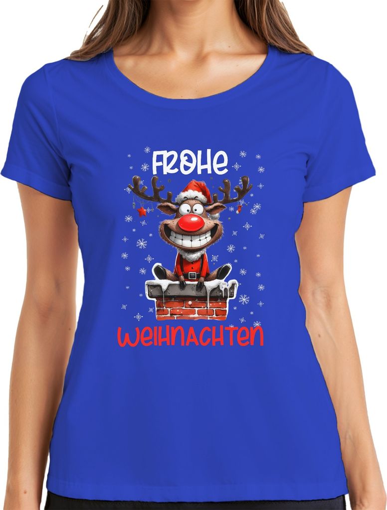 Frohe Weihnachten lustiger Elch Reh Rentier - Weihnachten Xmas Christmas Damen T-Shirt, Blau, L