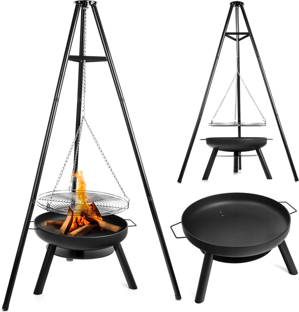 LEHMANN Feuerschale mit Ø 58 cm Grillrost, großes Dreibein für Feuerschale mit Schwenkgrill, Holzkohlegrill mit Feuerschale
