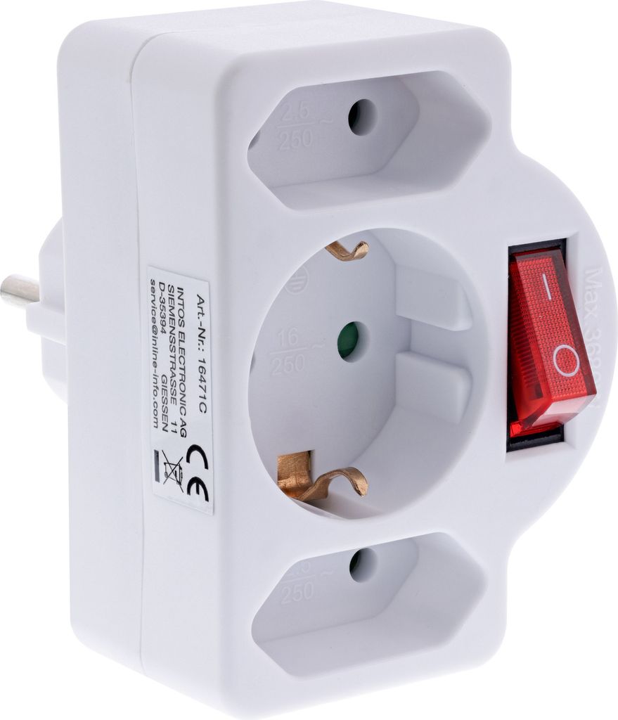 InLine Steckdosenadapter, SK Stecker an 2xEuro+1x SK, mit Schalter, weiß