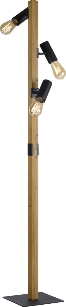 A floor lamp with a wooden pole and three black adjustable spotlights.
