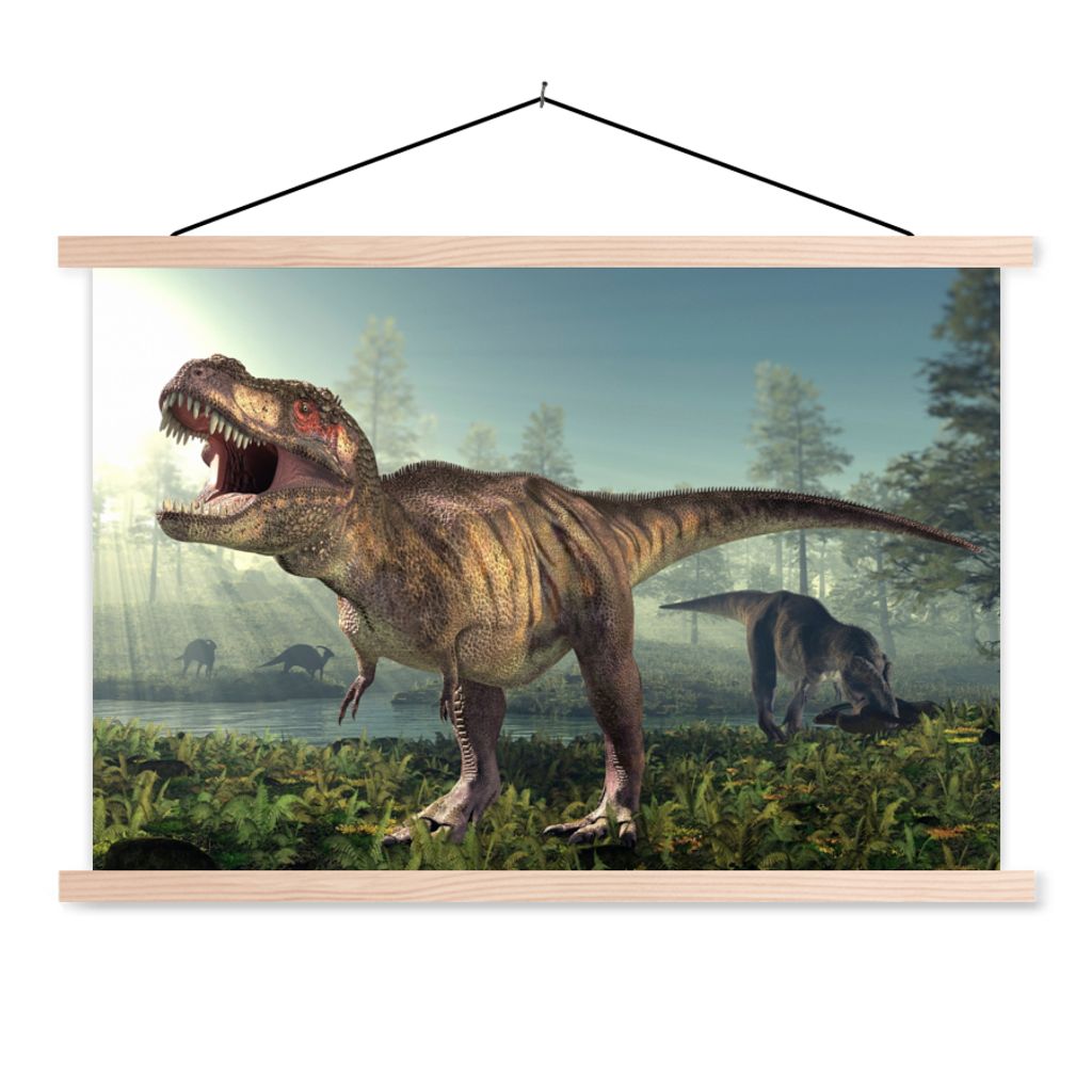 MuchoWow Textilposter Dino - Gras - Zeichnung - Kinder - Jungen 60x40 cm mit holzfarbenen Rahmen - Bilder