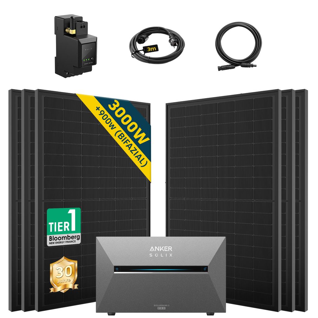 ALLDREI Balkonkraftwerke mit Speicher Anker Solix Solarbank 3 E2700 Pro ,Komplettset mit 6x500W Bifazialer Solarpanel & Smarten Zähler