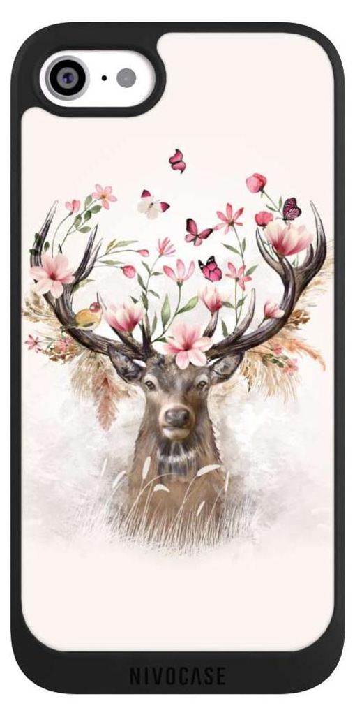 NIVOCASE Handyhülle für Apple iPhone SE (2020) Hülle NIVOpure Case Schwarz Blumen Hirsch Tiere
