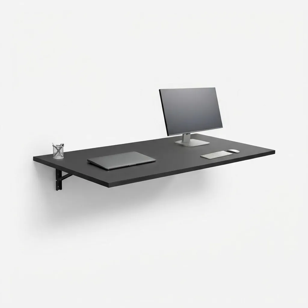 Bureau mural pliable XL 140x80 cm Noir Jeremy - Grand plan de travail bois
