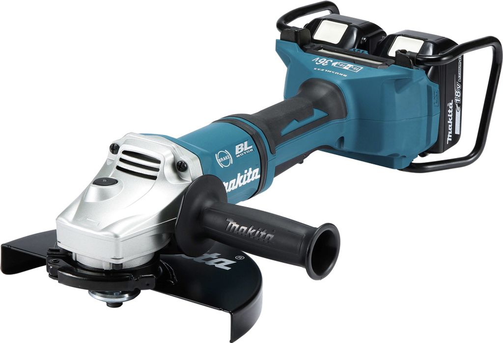 A cordless angle grinder is shown against a white background.