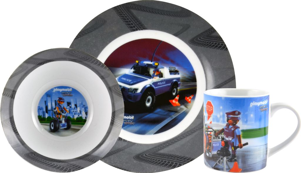 PLAYMOBIL Frühstücksset für Kinder - City Action Polizei Geschirr Set 3-teilig Teller, Schale & Tasse aus Porzellan