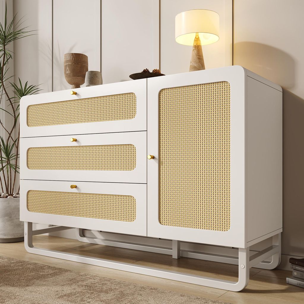 Flieks Kommode Wohnzimmerschrank Rattan mit 3 Schubladen und Tür, Sideboard Anrichte mit verstellbaren Einlegeböden, 120x40x85 cm, Weiß