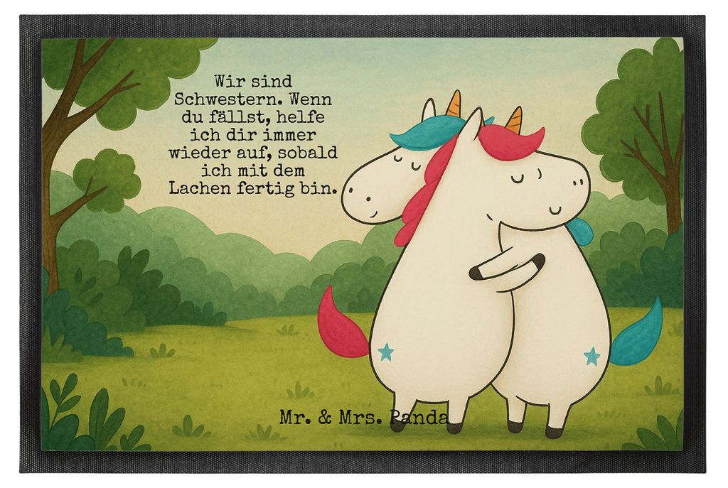 Mr. & Mrs. Panda Schmutzmatte Einhörner Umarmen Design 50 x 75 cm - Weiß - Geschenk, Gummimatte, Geschwister, fußmatte, Eingangsteppich, Unicorn...