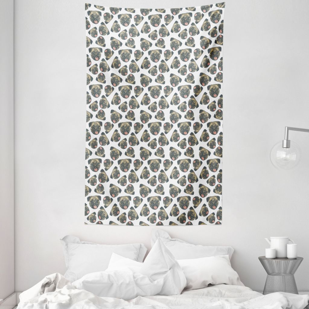 ABAKUHAUS Mops Wandteppich und Tagesdecke, Heiter Hunde Grunge-Effekt aus Weiches Mikrofaser Stoff Waschbar ohne Verblassen Digitaldruck, 140 x 230...