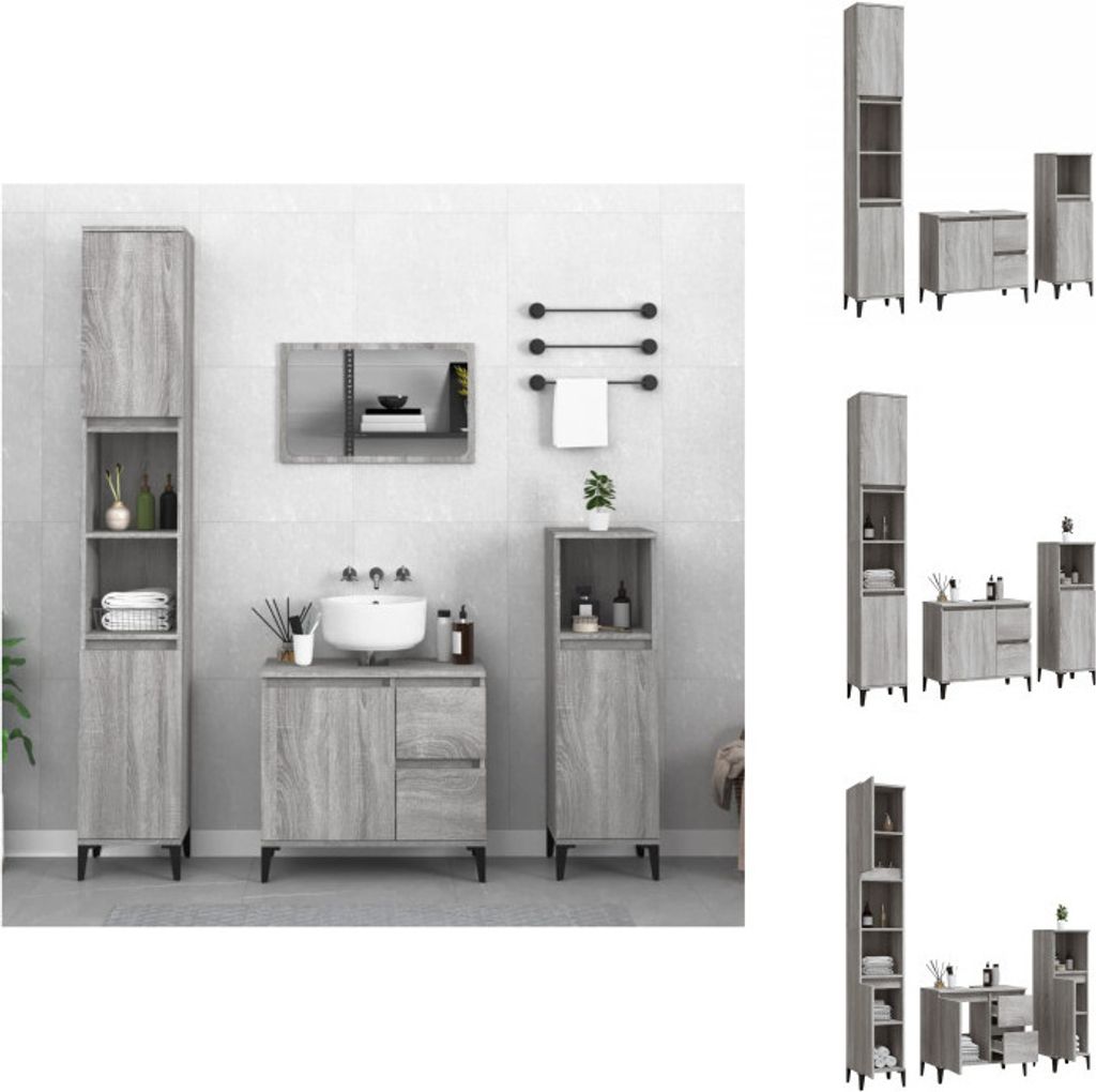 vidaXL 3-tlg. Badmöbel-Set Grau Sonoma Holzwerkstoff - Badezimmermöbel-Sets