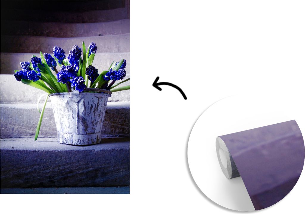 MuchoWow Fototapete für Wohnzimmer oder Schlafzimmer Wandtapete Vinyl Motivtapete Ein großer Behälter mit violetten Traubenhyazinthen - 175x26...