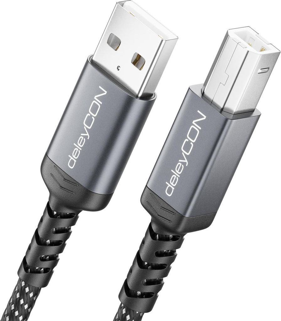 deleyCON Druckerkabel USB-B (1 Meter für Drucker, Scanner, MIDI) USB-B auf USB-A Kabel Printer Cable Geflochten + Metallstecker für HP Samsung Ep...