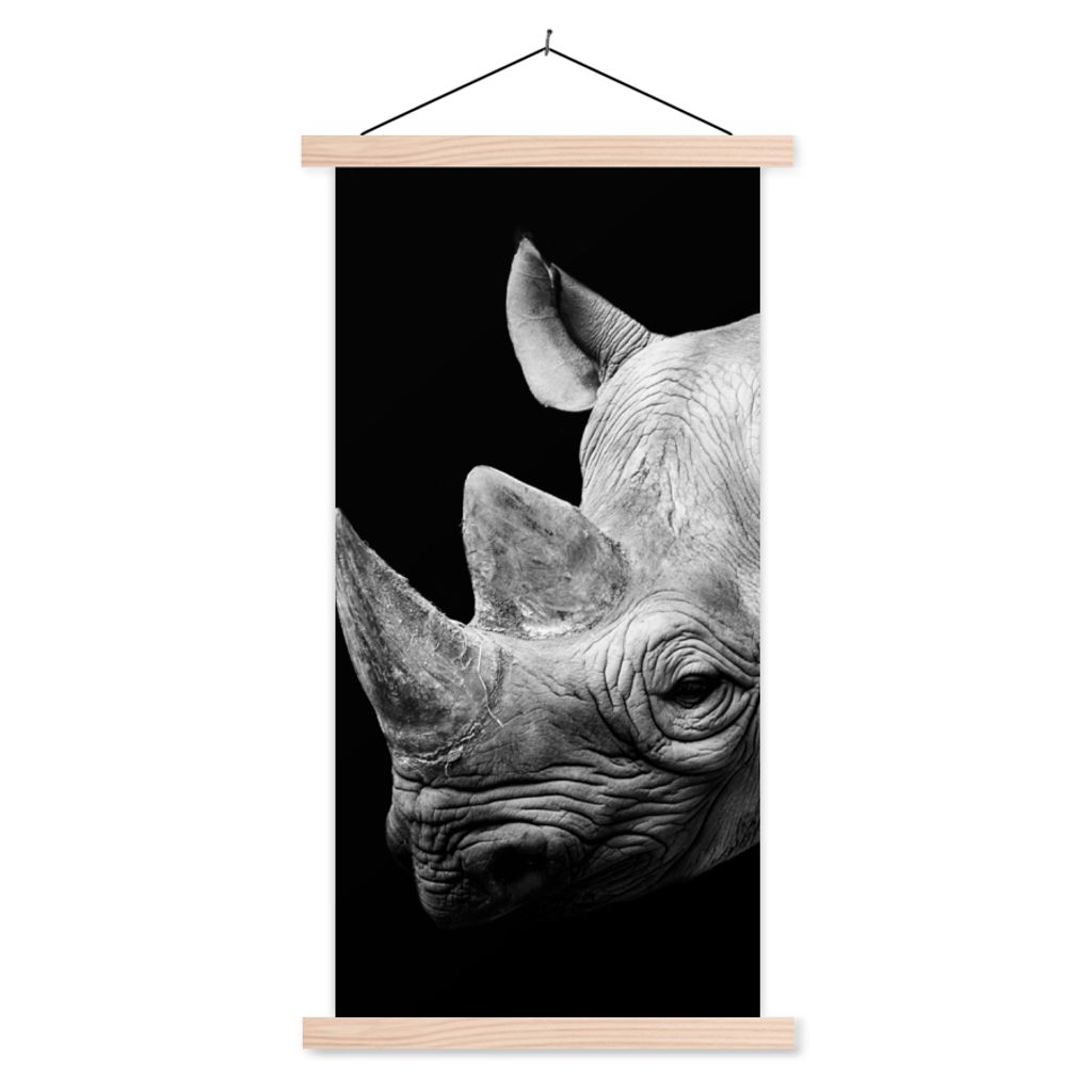 MuchoWow Textilposter Tiere - Nashorn - Schwarz - Weiß - Porträt 40x80 cm mit holzfarbenen Rahmen - Wohnzimmer