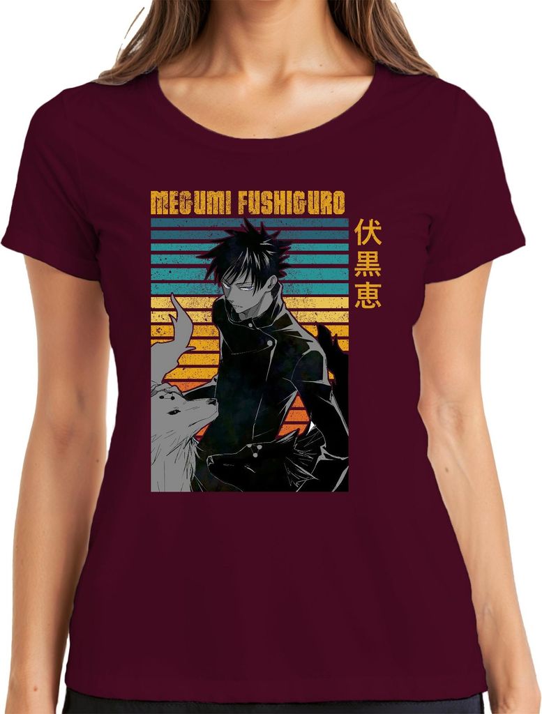Megumi Fushiguro Jujutsu Kaisen Shikigami Geisterhunde Vintage Damen T-Shirt, Burgundy, M