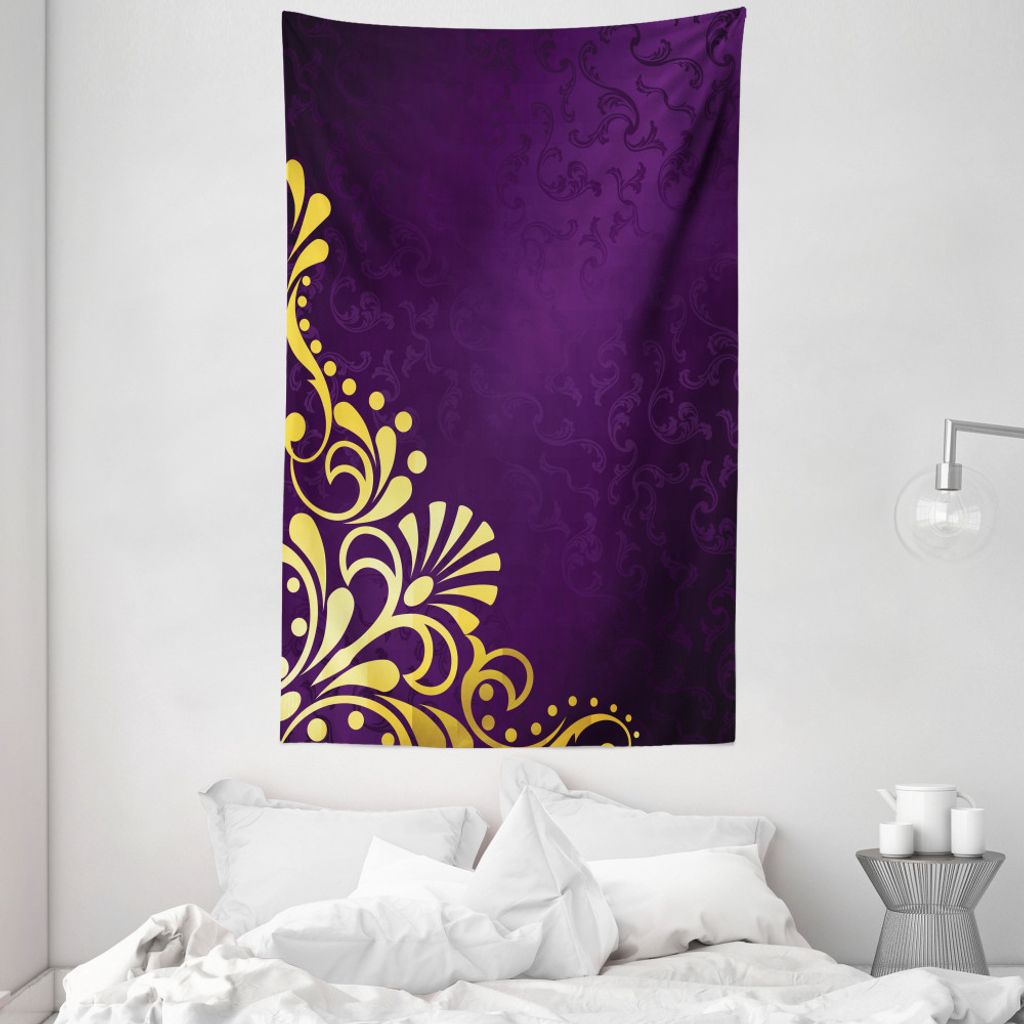 ABAKUHAUS Gelbes Damast Wandteppich und Tagesdecke, kurvige Ornament aus Weiches Mikrofaser Stoff Waschbar ohne Verblassen Digitaldruck, 140 x 230 ...
