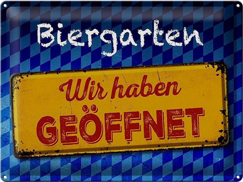 Blechschild Biergarten wir haben geöffnet, 40x30 cm, Blechschilder Spruch Getränk Alkohol, Bier Bayern