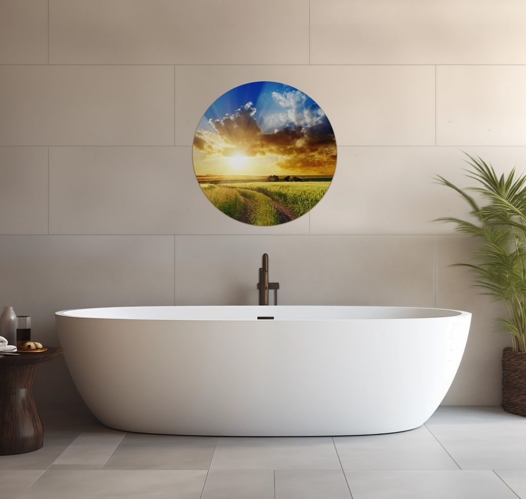 Wallario wasserfestes Poster selbstklebend 60 x 60 cm, Feldweg in den Sonnenuntergang, Badezimmerposter Spritzschutz mit Hochglanzoberfläche in Gl...