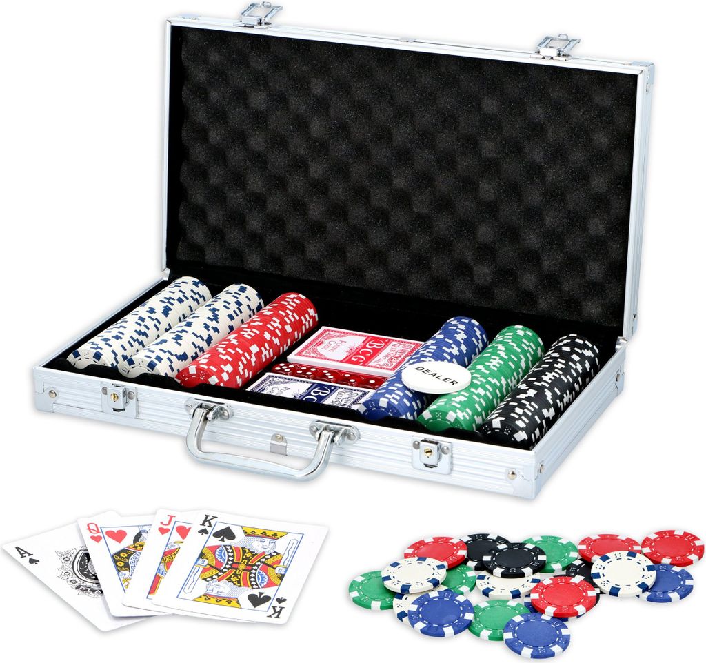 MaxiMondo Pokerset Komplett – Pokerkoffer mit 300 Pokerchips und Pokerkarten – Pokerkarten für Kinder und Erwachsene 1x Dealer und 5x Würfel ...