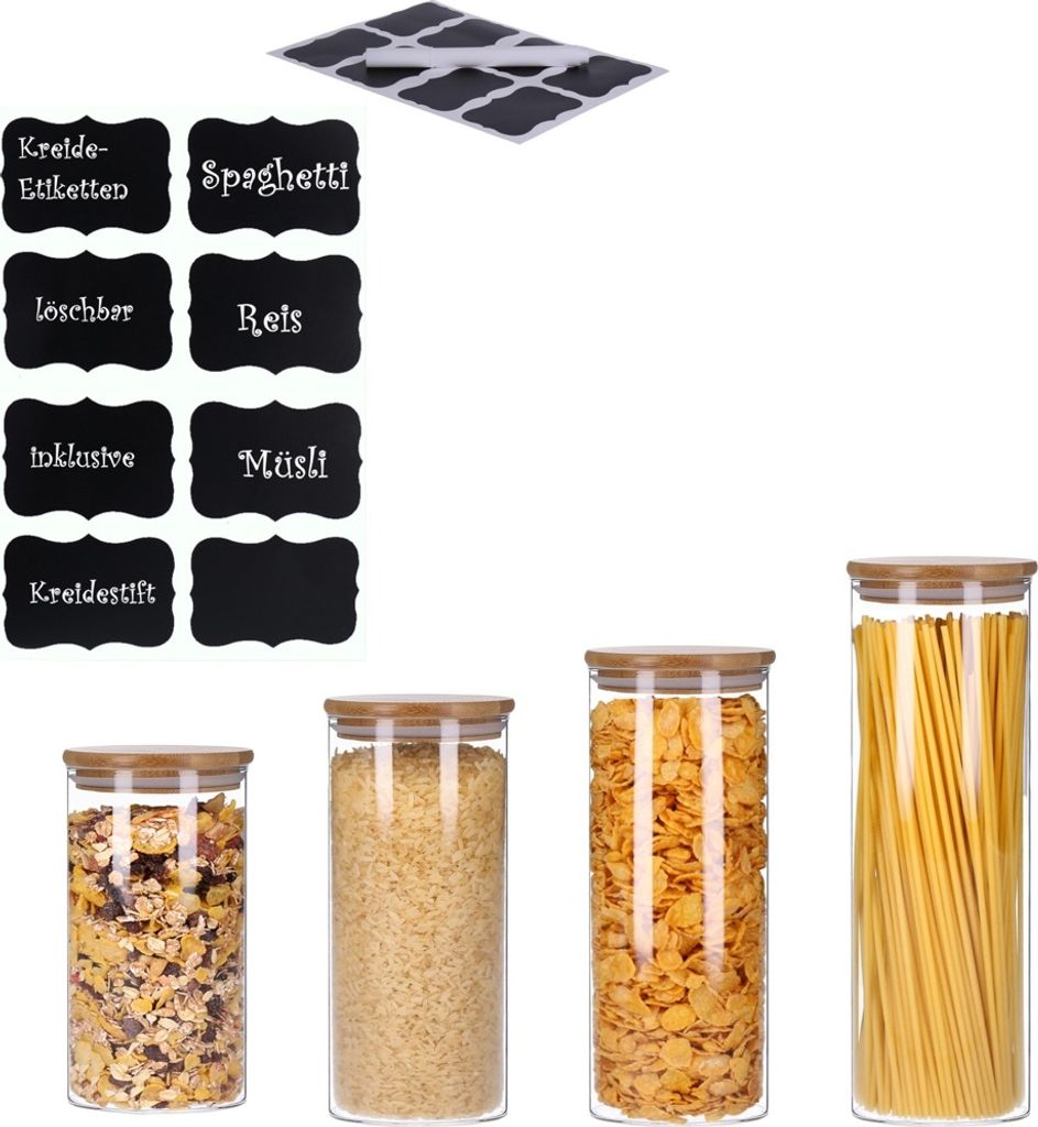 4er Set Vorratsglas mit Bambusdeckel, luftdicht & stapelbar inkl. 8 Kreidetafelsticker und Stift
