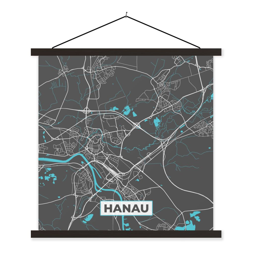 MuchoWow Textilposter Blau - Deutschland - Karte - Stadtplan - Hanau 90x90 cm mit schwarzem Rahmen - Magnetisches