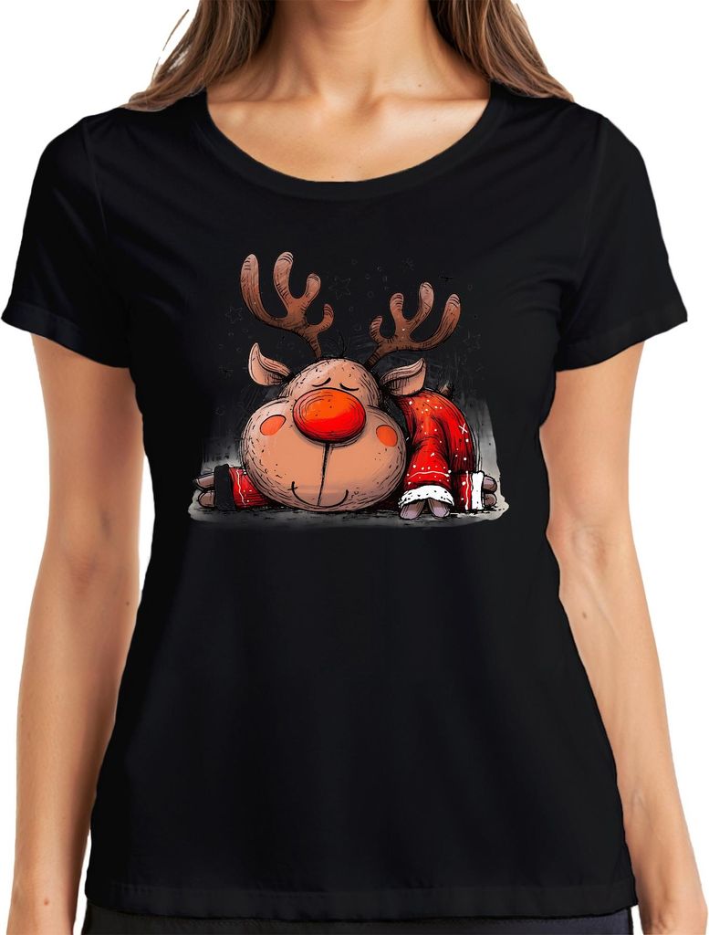 Rudolph Rentier schlafend rote Nase Weihnachten Geschenk Retro Damen T-Shirt, Schwarz, L