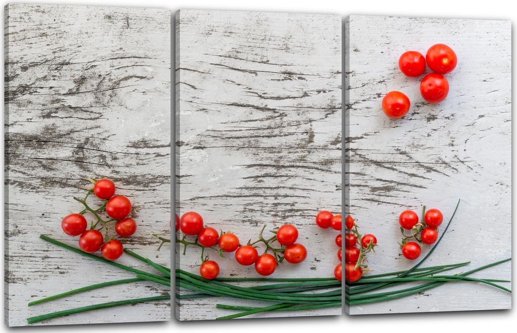 Leinwandbild 3-teilig (120x80cm): Wandbild zur Küchendeko Mini-Tomaten und Schnittlauch auf Holztisch, echter Holz-Keilrahmen inkl. Aufhänger, ha...
