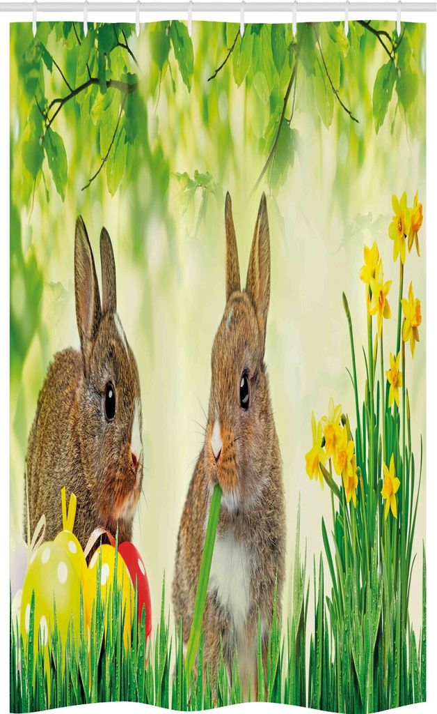 ABAKUHAUS Osterhase Schmaler Duschvorhang, Ostern Kaninchen, Badezimmer Deko Set aus Stoff mit Haken, 120 x 180 cm, Mehrfarbig Farngrün