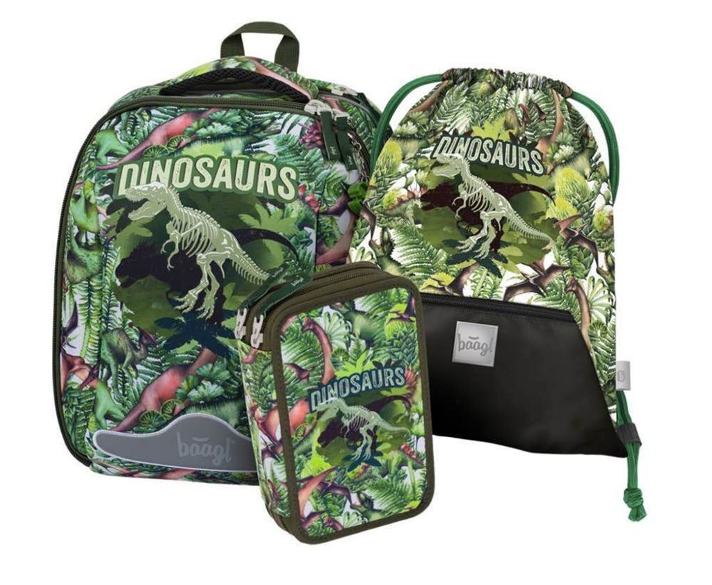 Baagl Schulranzen Jungen Set 3 Teilig, Shelly Hartschalen Schultasche ab 1. Klasse, Ergonomische Grundschule Ranzen mit Brustgurt (Dinosaurs)