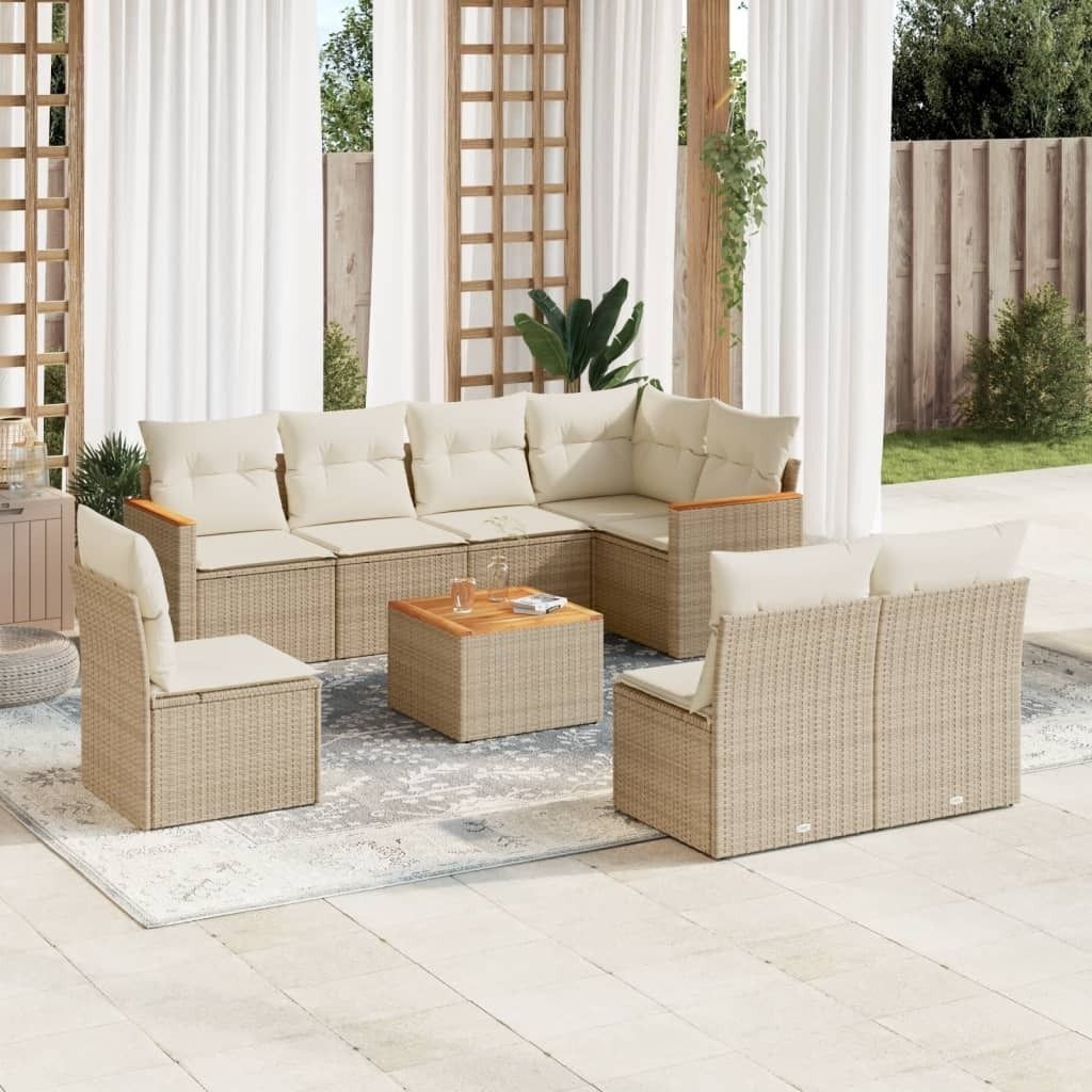 9-tlg. Garten-Sofagarnitur mit Kissen Beige Poly Rattan Produktbild 