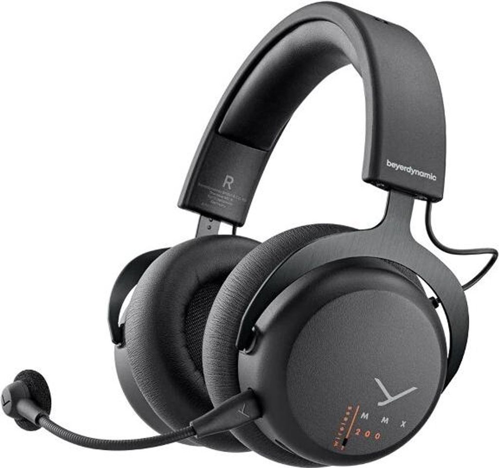 A black beyerdynamic MMX 200 Wireless Gaming Headset with a microphone is shown against a white background.