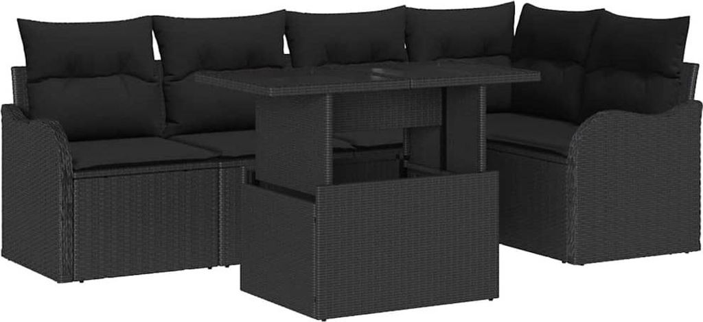 Essgruppe mit Kissen 6 pcs Schwarz Poly Rattan