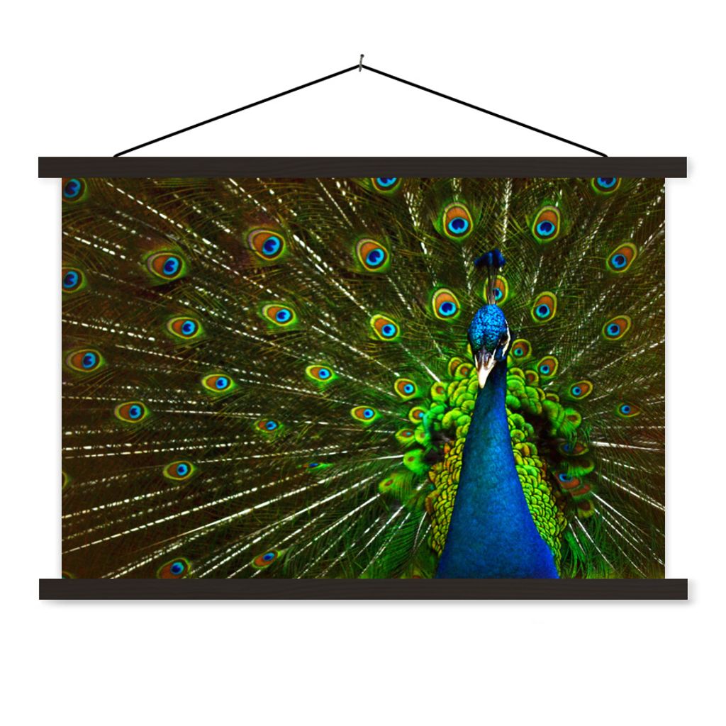 MuchoWow Textilposter Pfau - Federn - Muster - Blau 150x100 cm mit schwarzem Rahmen - Schlafzimmer