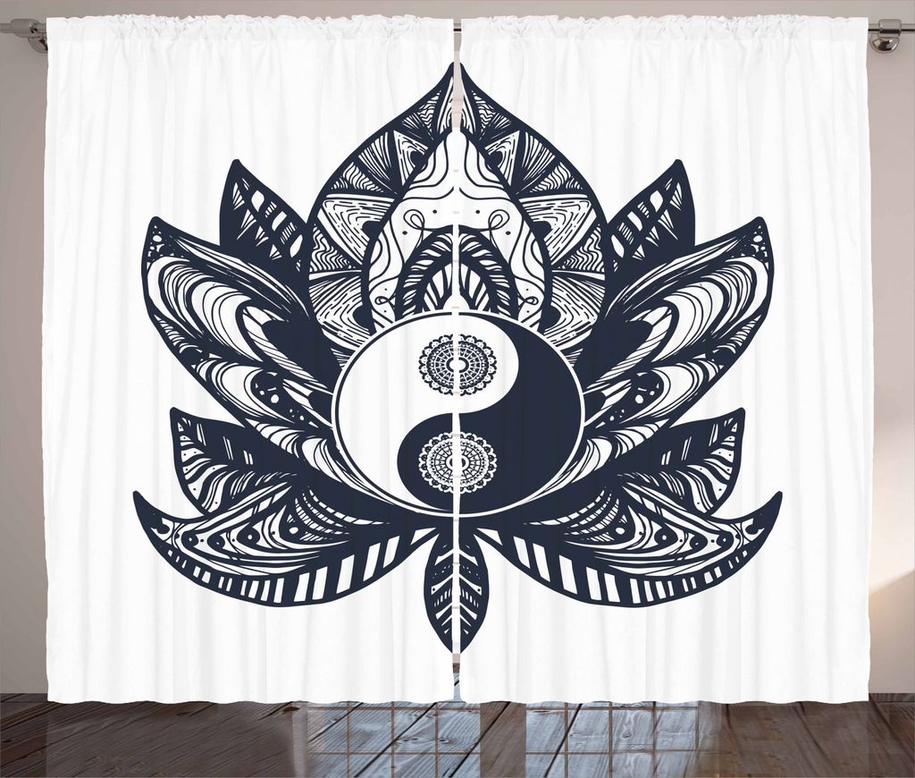 ABAKUHAUS Yin-Yang Rustikaler Gardine, Lotusblatt spritiual, Schlafzimmer Kräuselband Vorhang mit Schlaufen und Haken, 280 x 245 cm, Dunkelblau Weiß