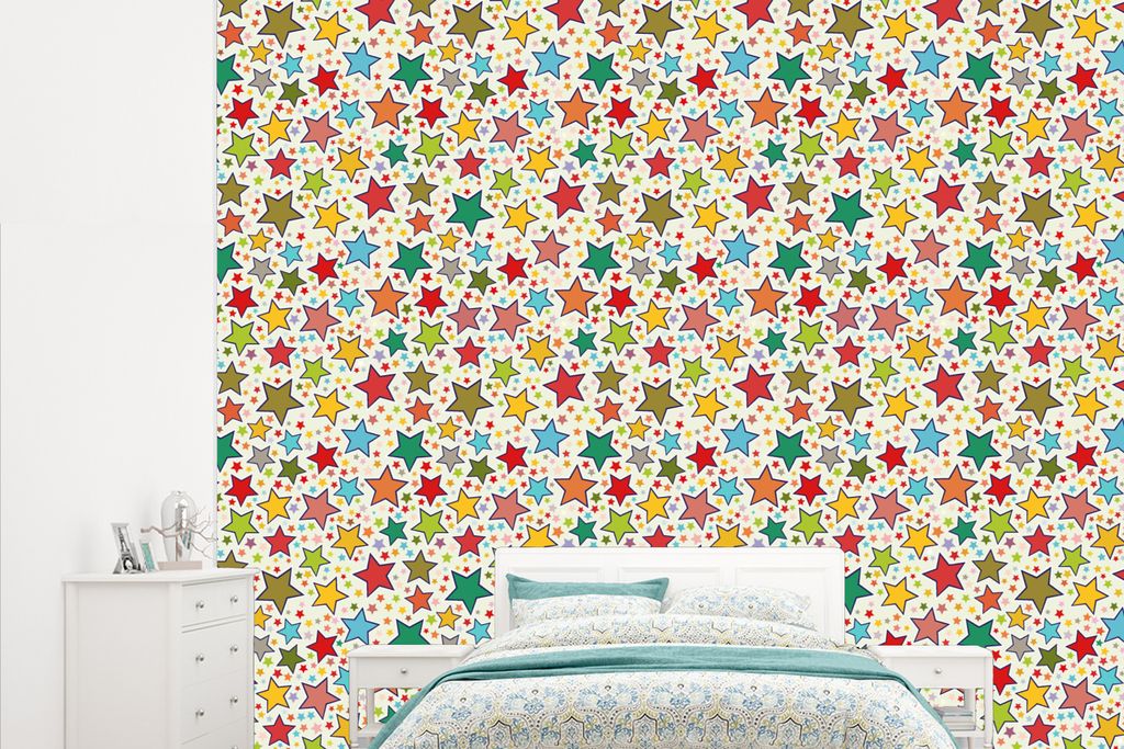 MuchoWow Fototapete für Wohnzimmer oder Schlafzimmer Wandtapete Vinyl Motivtapete Muster - Sterne - Farben - Kinder - Kinder - 315x260 cm - Gemu...