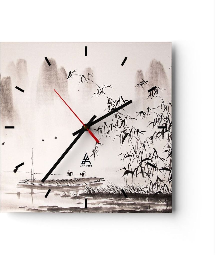 Wanduhr - Quadrat - Glasuhr - Bambus schwarz China - 30x30cm - Schleichendes Uhrwerk - Lautlos - zum Aufhängen bereit - Dekoration Modern - Wandde...