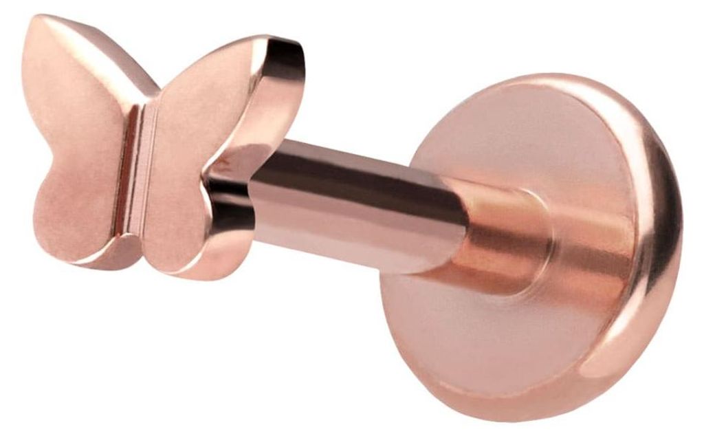 Ohrpiercing, Nasenpiercing Titan Labret mit Push Fit SCHMETTERLING RoséGold Stablänge: 8mm | Stabstärke: 1,2mm | Discgröße: 3,5mm