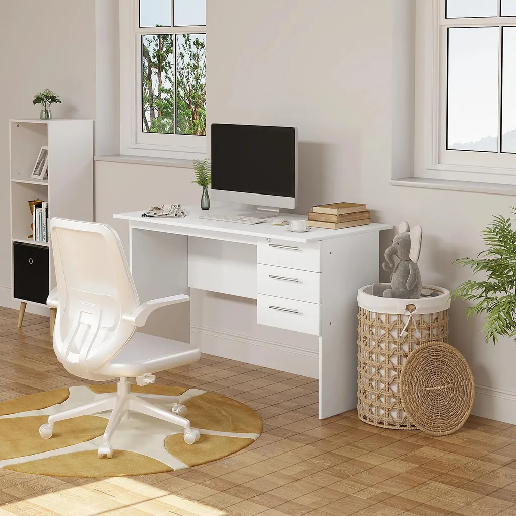 Bureau blanc en MDF Modèle Zen - Table d'ordinateur 3 tiroirs sécurisés - 8