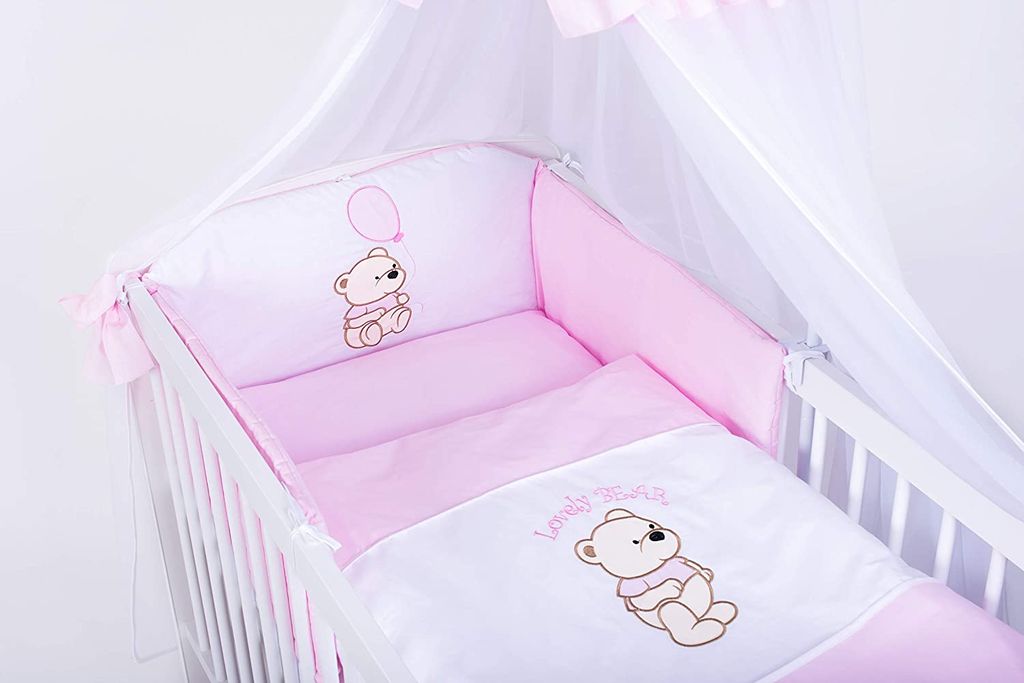 Babybett K2 weiß mit 10tlg Komplett-Set Bettwäsche Matratze Nestchen Teddy Blau 