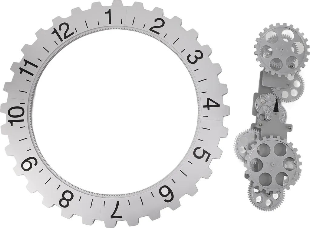 Horloge murale engrenages apparents 3D argentée style rétro mécanique