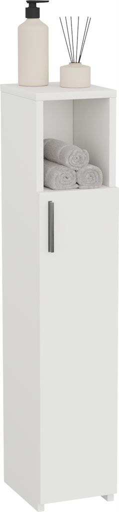 A tall, narrow white cabinet with an open shelf displaying rolled towels and a closed door with a handle. A dispenser and a reed diffuser are on top of the cabinet.