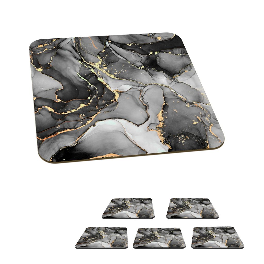 KitchenYeah Glasuntersetzer Quadratisch 6er Set Marmor - Schwarz - Gold - Grau 10x10 cm Untersetzer für Gläser - Getränkeuntersetzer - Tischpl...