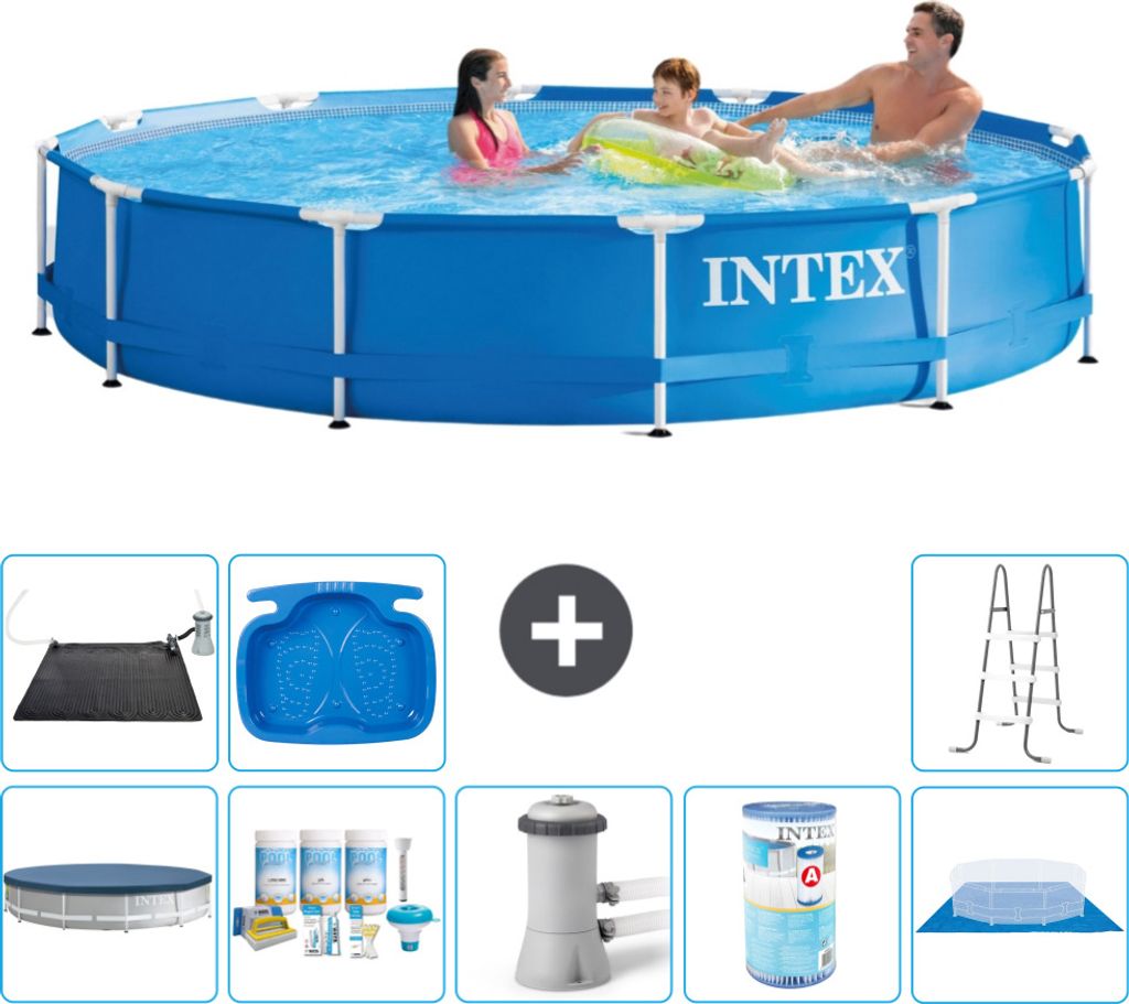 Intex-Schwimmbecken mit rundem Rahmen – 366 x 76 cm – Blau – im Lieferumfang enthalten Abdeckung - Wartungspaket - Filterpumpe für Schwimmba...