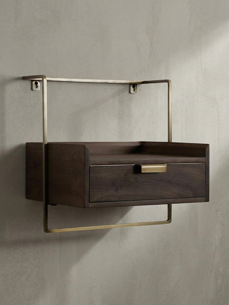 Nachtkonsole für Wandmontage 44x45x35 cm Mango Massivholz Dunkelbraun, Nachttisch mit Schublade, Wandboard Schwebend für Boxspringbett, Nachtschr...
