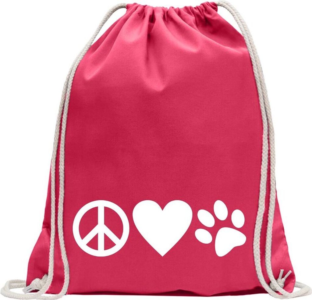Kiwistar - Turnbeutel - pink - Peace Love Animals - Fun Rucksack Sport Beutel Gymsack Baumwolle mit Ziehgurt
