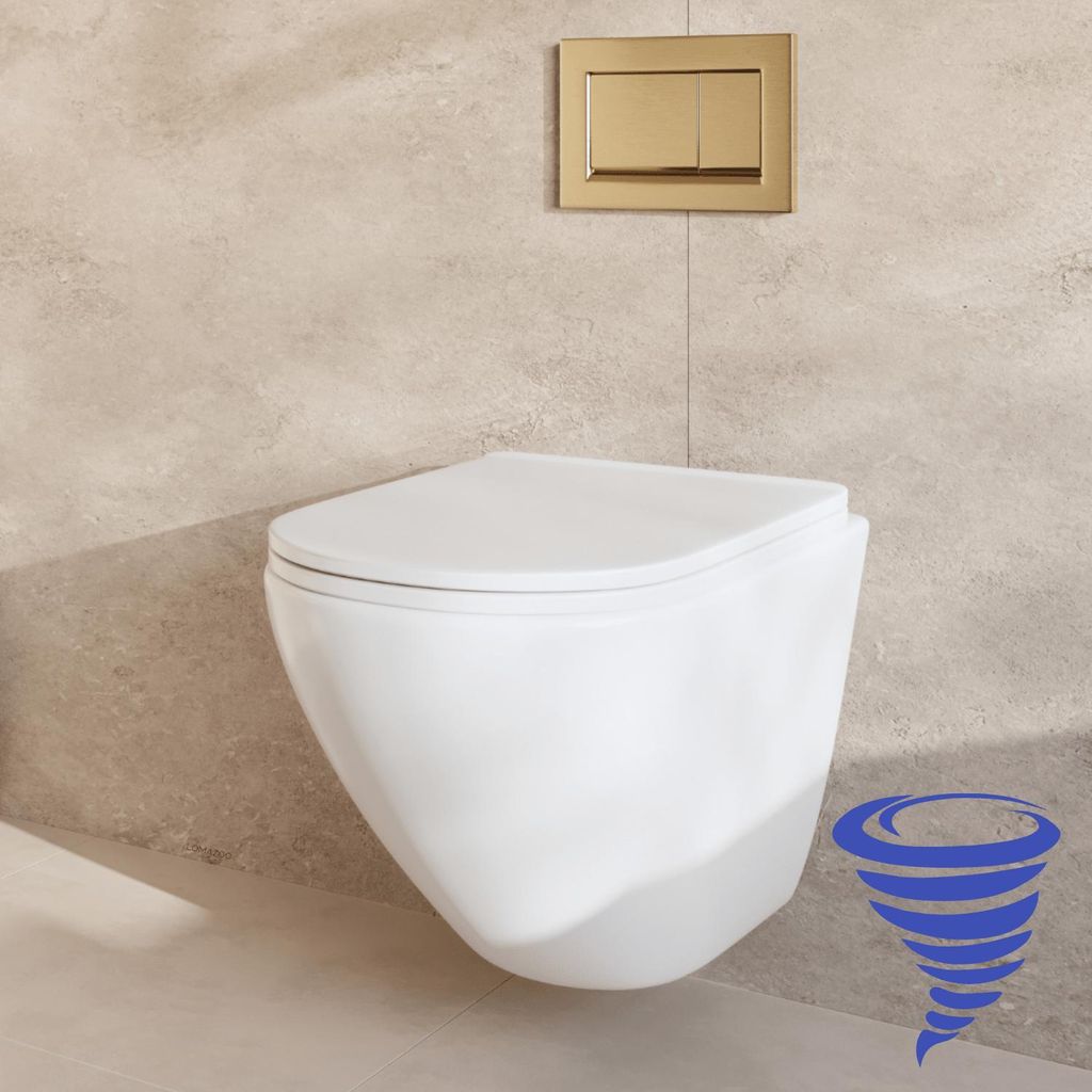 Wand-WC mit Unterputzspülkasten - Rund Weiß - Betätigungsplatte Eckig Gold - Linea