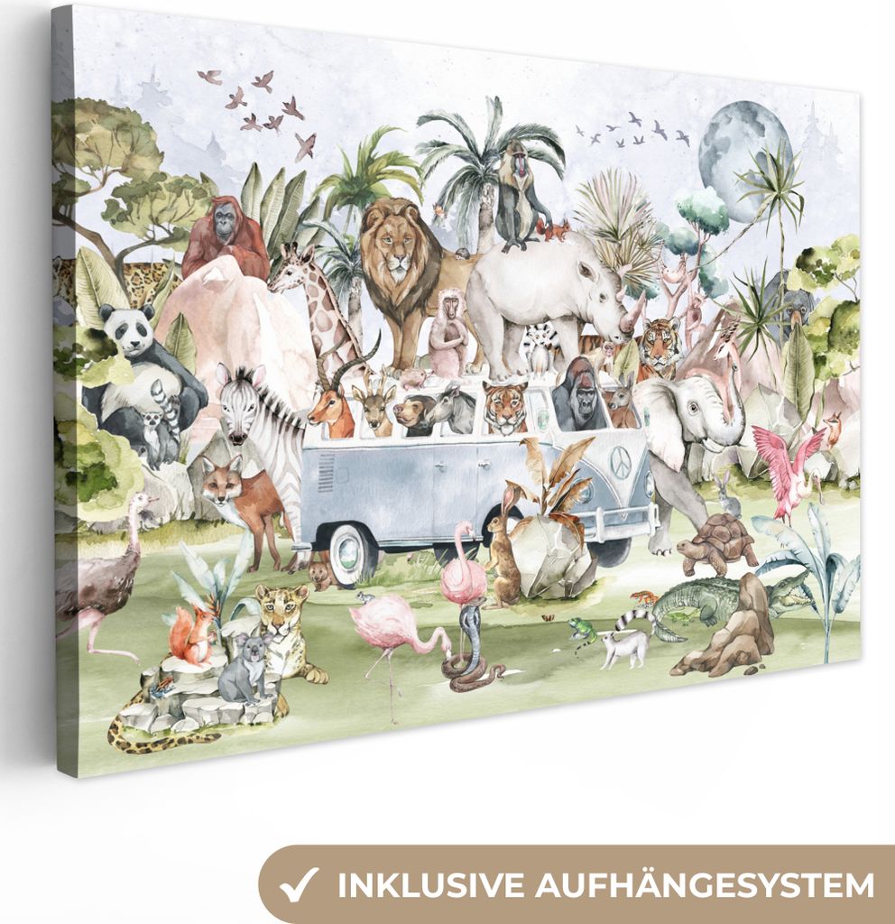 MuchoWow - Leinwandbilder - Dschungel - Bus - Tiere - Kinder - Pflanzen, Wandbild, Wanddeko Bilder Wohnzimmer, 60x40 cm