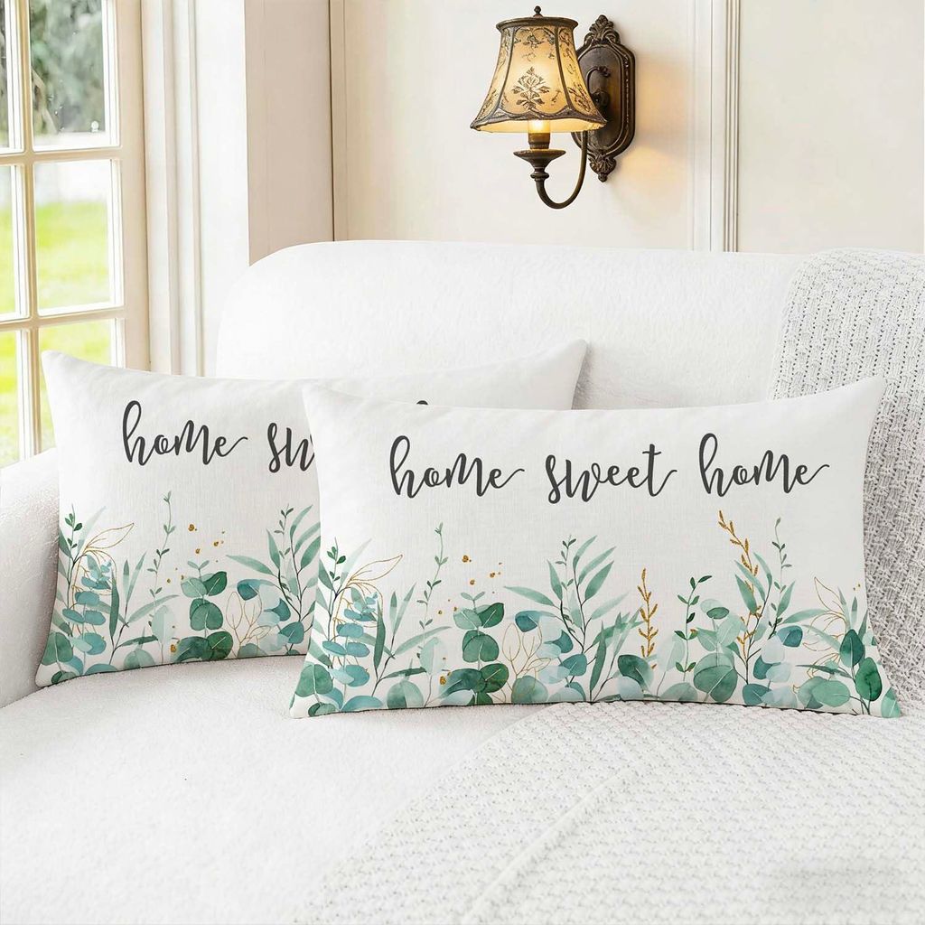 Set mit 2 Kissenbezügen (30 x 50 cm), grüne und weiße Eukalyptusblätter, Outdoor-Kissen für Sofa, Dekokissen, Zierkissenbezüge, Gartenbankdek...